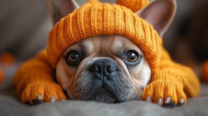 Cute french bulldog  dog autumn concept. Happy funny animal in sweater, scarf and hat.