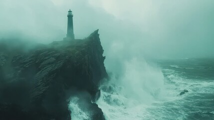 Canvas Print - Dramatic Lighthouse on Cliff with Stormy Sea and Fog