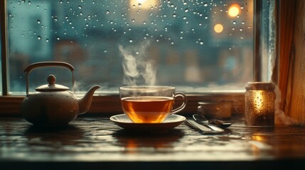 Wall Mural - A cup of  tea on a wooden windowsill against the background of an autumn rainy window. Autumn mood aesthetic. Vintage background composition