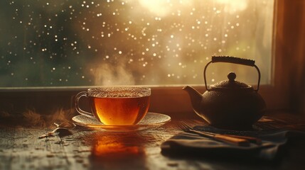 Wall Mural - A cup of  tea on a wooden windowsill against the background of an autumn rainy window. Autumn mood aesthetic. Vintage background composition