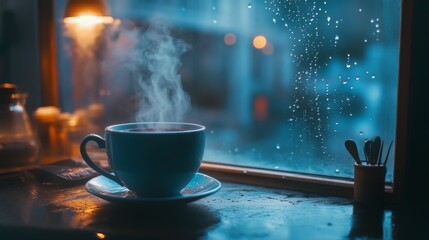 Wall Mural - A cup of  tea on a wooden windowsill against the background of an autumn rainy window. Autumn mood aesthetic. Vintage background composition