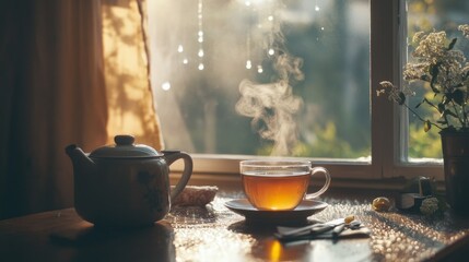 Wall Mural - A cup of  tea on a wooden windowsill against the background of an autumn rainy window. Autumn mood aesthetic. Vintage background composition