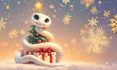 Sticker - A white snake is sitting on top of a Christmas tree. The tree is decorated with ornaments and a star. The snake is holding a red present in its mouth. The scene is whimsical and playful