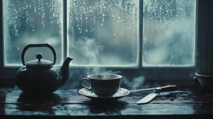 Wall Mural - A cup of  tea on a wooden windowsill against the background of an autumn rainy window. Autumn mood aesthetic. Vintage background composition