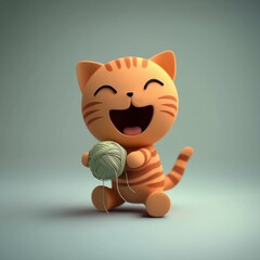 Wall Mural - Playful Cartoon Cat with Yarn Ball