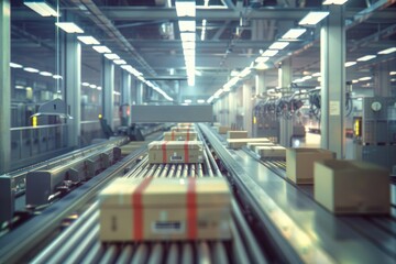 Conveyor belt transporting boxes in a factory setting