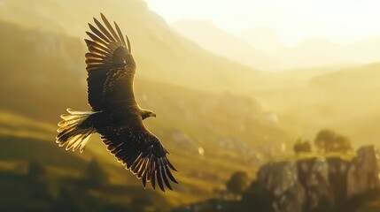 Wall Mural - Golden Eagle Soaring Above Mountains at Sunset