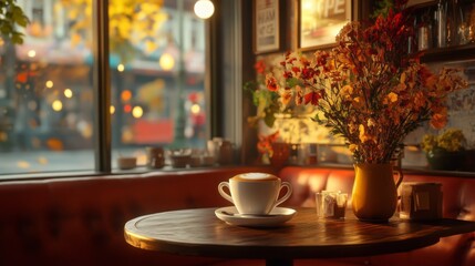 Autumn aesthetic still life with coffee cup, light brown fall leaves, vintage cafe in sunlight with natural shadow. Neutral pastel lifestyle autumn background.