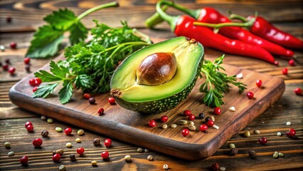 Ripe avocado halved on a rustic wooden cutting board, surrounded by fresh green herbs and a sprinkle of red pepper flakes, against a warm background.