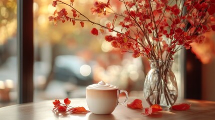 Wall Mural - Autumn aesthetic still life with coffee cup, light brown fall leaves, vintage cafe in sunlight with natural shadow. Neutral pastel lifestyle autumn background.