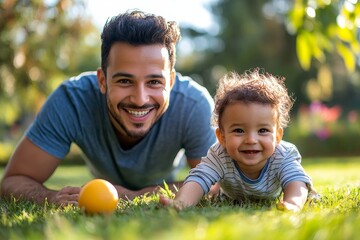 Wall Mural - Smiling man playing with his kid outdoors, Generative AI