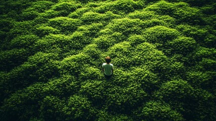 Wall Mural - Farmer using AI to optimize the spacing and arrangement of plants in a vertical farm to maximize light exposure and growth Stock Photo with copy space