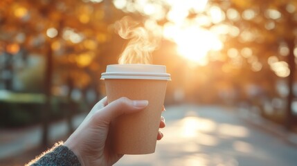 Wall Mural - A young woman holds a craft paper cup of coffee in her hand on a walk in the park, close up. Autumn mood concept. Copy space for text