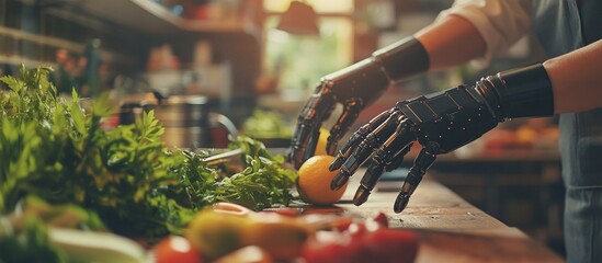 Disabled person using AI-powered prosthetic limb to perform daily tasks such as cooking or cleaning in a modern home setting Stock Photo with copy space