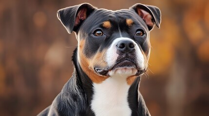 Wall Mural - Portrait of serious black and brown dog with floppy ears outdoors in autumn