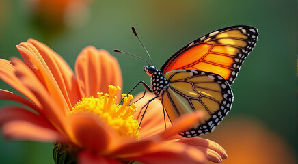 A vibrant butterfly perched on a delicate pink flower in a sunlit garden during early spring