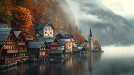 Sticker - Hallstatt Village, Austria - A Picturesque Scene of Autumnal Charm