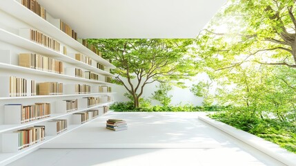 Canvas Print - Modern Minimalist Library Interior with Bookshelves and Green Garden View