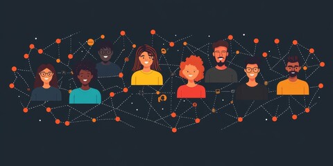 Networking concept with diverse people and dotted lines. Network banner  in flat design on dark grey background, Generative AI