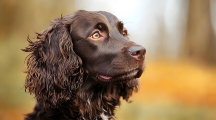 Wall Mural - Portrait of a dog with curly brown fur in autumn forest setting