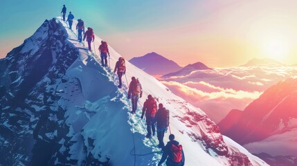 Canvas Print - Climbers Reaching the Summit of a Snowy Mountain at Sunrise