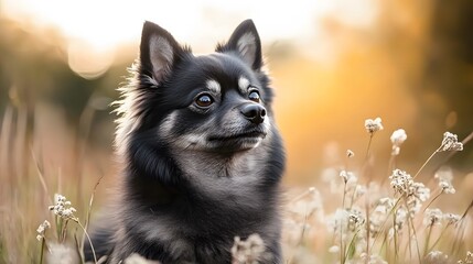 Charming small dog in a field at sunset surrounded by dreamy wildflowers and warm light