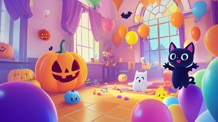 A Bright and Cheerful Halloween Party for Kids with Diverse Smiling Pumpkins, Friendly Ghosts, and Playful Black Cats in a Colorful Room Filled with Balloons and Candy, Cartoon Style