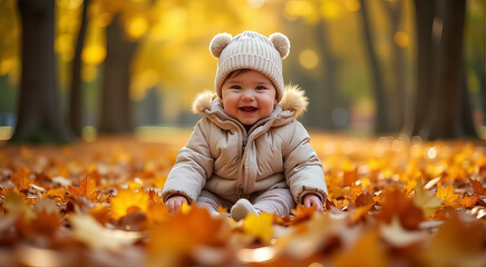 Canvas Print - Joyful child in a yellow coat surrounded by autumn leaves in a sunlit park during a beautiful fall afternoon