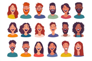 Wall Mural - Set of diverse people laughing out loud. Funny laughter of happy cheerful men and women. Portraits of joyful characters with positive emotion. Flat  illustration isolated on white, Generative AI