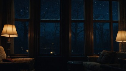 Wall Mural - A nighttime window view, featuring a softly illuminated interior against the dark outside.