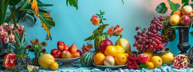 Tropical fruit arrangement with vibrant floral decor