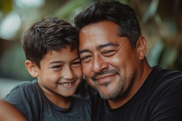 Wall Mural - Single dark-haired dad Latino and hispanic son play and have fun together spending quality family time on Father's Day celebrating victory with hugs and, Generative AI