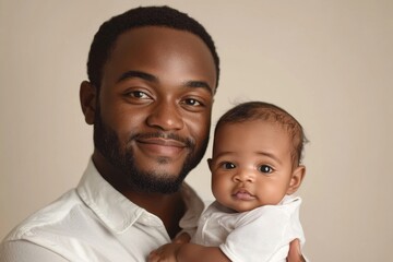 Wall Mural - Happy Fatherhood. Handsome Young African-American Man Holding Adorable Infant Baby In Hands, Generative AI