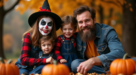 Canvas Print - A family enjoys a fall day in the park surrounded by pumpkins, dressed in playful costumes during a festive Halloween celebration