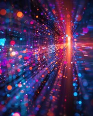 Fiber optic strands in a dynamic, Abstract Colorful Bokeh Background.