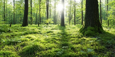 Canvas Print - Sunlight Streaming Through Green Forest Trees