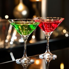 Wedding Bar: Vibrant Green and Red Cocktail Served with Elegant Glassware and Decorations