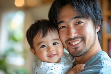 Wall Mural - Asian American father hugging his little son, Generative AI