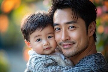 Wall Mural - Asian American father hugging his little son, Generative AI