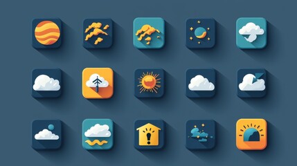 Weather App Flat Vector Icon Set for Storms, Tornadoes, and Hurricanes