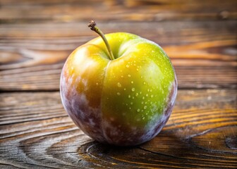 Ripe Winter King Plum fruit with yellow-green skin and sweet juicy flesh, isolated on a rustic wooden background, evoking warmth and coziness in winter settings.