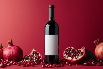 Wall Mural - Red wine bottle mockup with label for branding, on red background with pomegranate