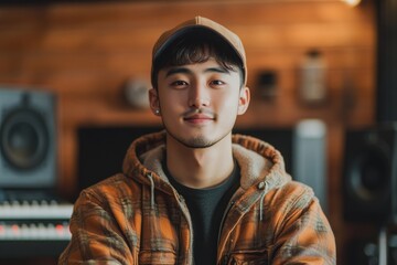 Portrait of young handsome asian rapper smile at engineer studio, Generative AI