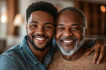 Wall Mural - Cheerful african american man hugging mature dad and looking at camera at home, Generative AI