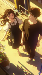 Poster - Cute boy and girl, Anime couple dating, vertical cinematic background