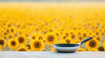 Canvas Print - Empty Frying Pan On A Wooden Table With Sunflower Field Background.