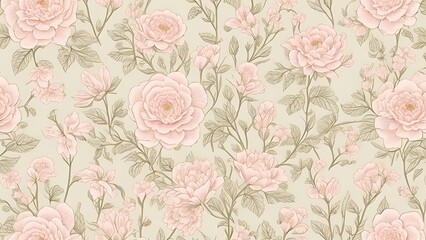  Delicate seamless pink wallpaper featuring a repeating pattern of intricately illustrated flowers