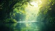 © BOJOShop - Tranquil Rainforest River with Mist and Birds in Flight