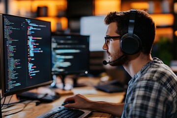 A man wearing headphones is working on a computer