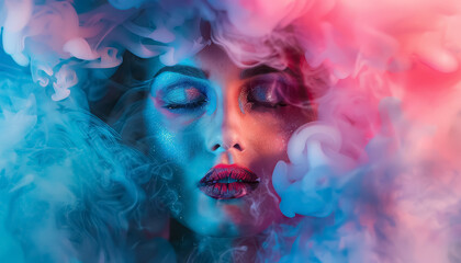 Sticker - A woman with blue eyes and blue eyeshadow is surrounded by smoke